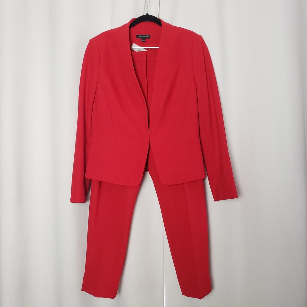 Ann Taylor Women Very Red 2 Piece Pant Suit Set Collarless Blazer Slim Pants 14